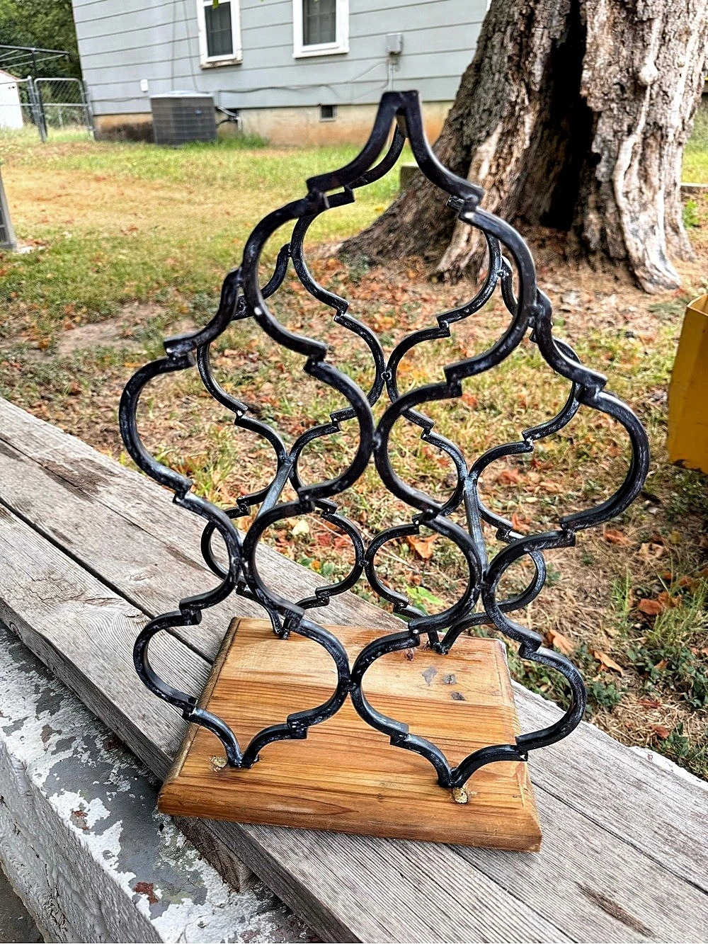 Black Geometric Metal Wall Decor on Wood Base